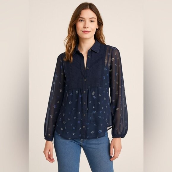 Free People Sheer Navy Floral Button-Down Blouse with Lace Detail – Size M - Picture 1 of 11